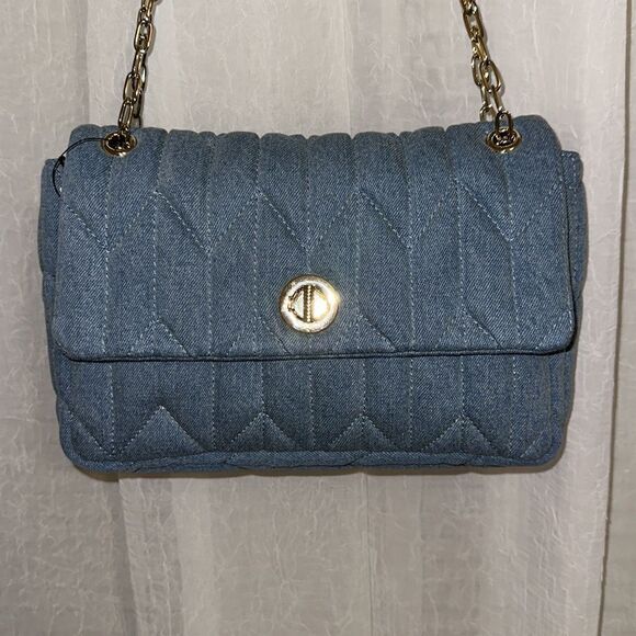 Talbots Gold Tone Chain Strap Leather Trim Quilted Denim Blue Shoulder Bag - Picture 3 of 16